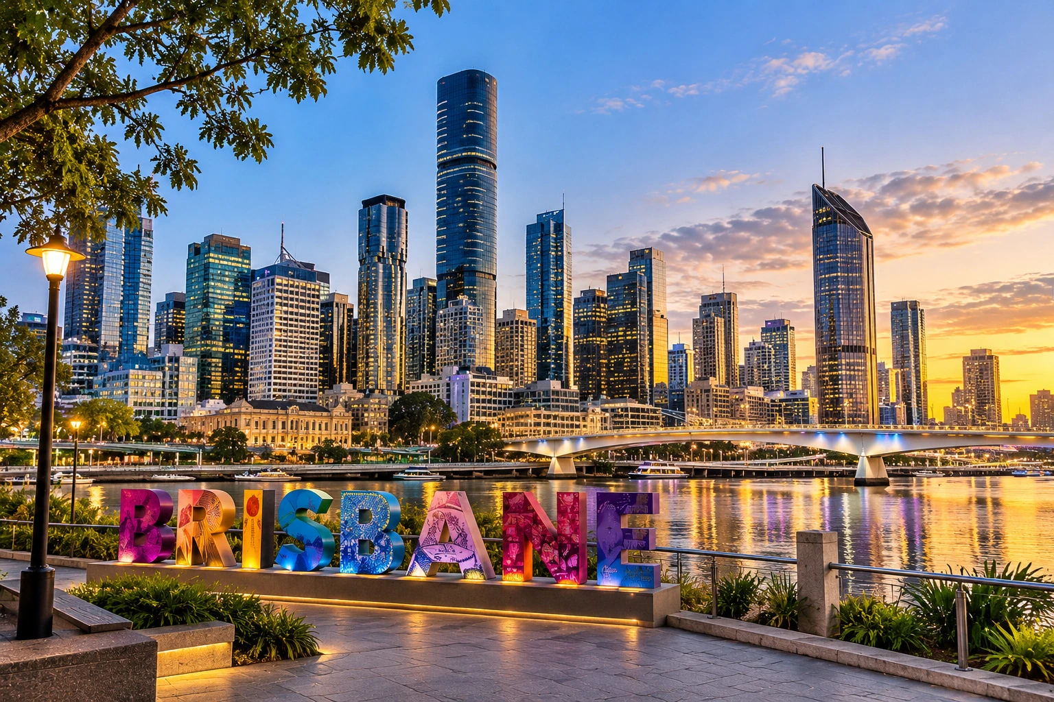The Brisbane sign at South Bank with the city skyline across the river at sunset