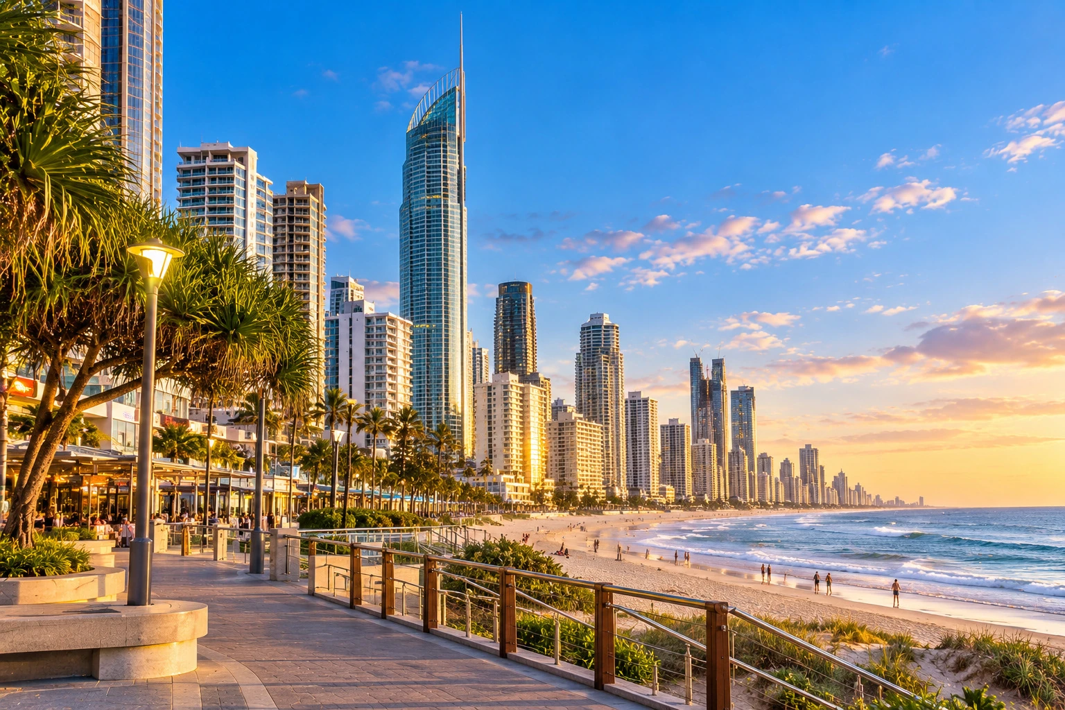 Surfers Paradise beach, the esplanade and the Gold Coast skyline in late afternoon sun