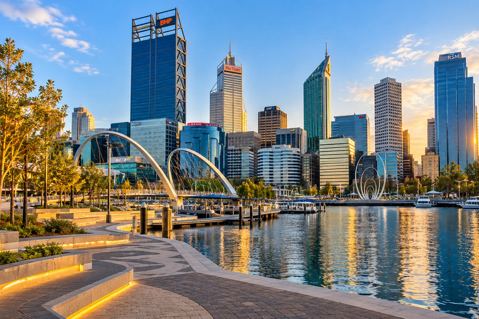 Elizabeth Quay and the Perth city skyline on the Swan River in late afternoon sun