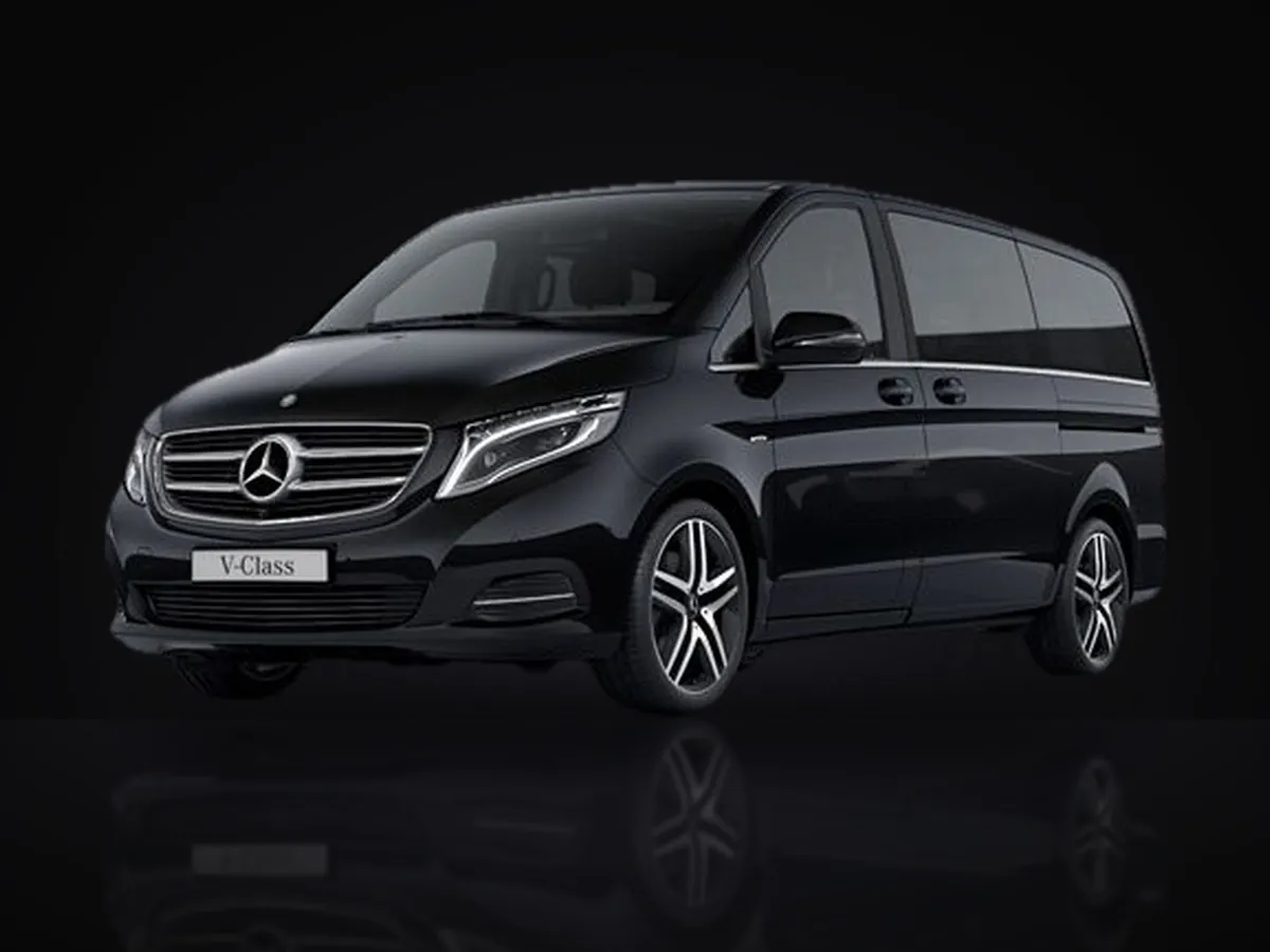 Black Mercedes-Benz V-Class executive van in a studio