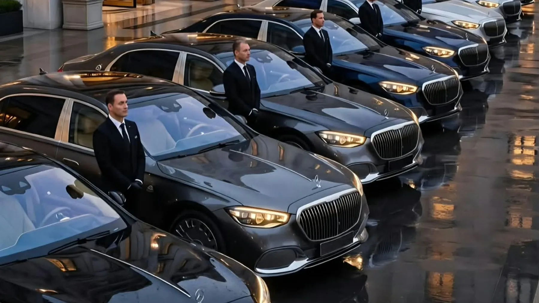 A line of black Mercedes-Maybach sedans with chauffeurs waiting at a hotel forecourt