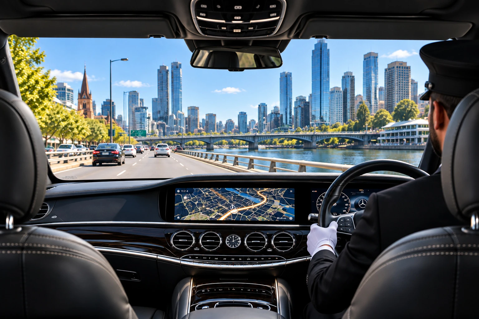 View from the back seat of a Mercedes driving beside a river into the city on a sunny day, the route on the dashboard screen