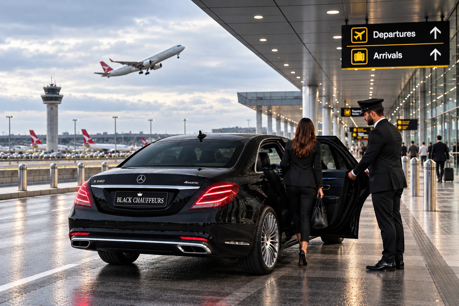 Chauffeur holding the door of a black Mercedes at an airport terminal
