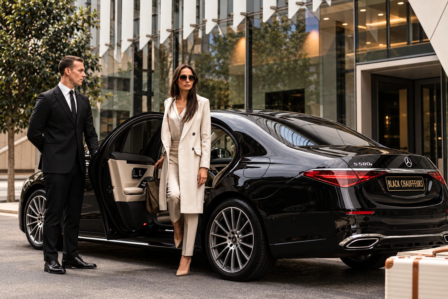 Chauffeur at the open rear door of a black Mercedes S-Class as a businesswoman steps out outside a glass office building