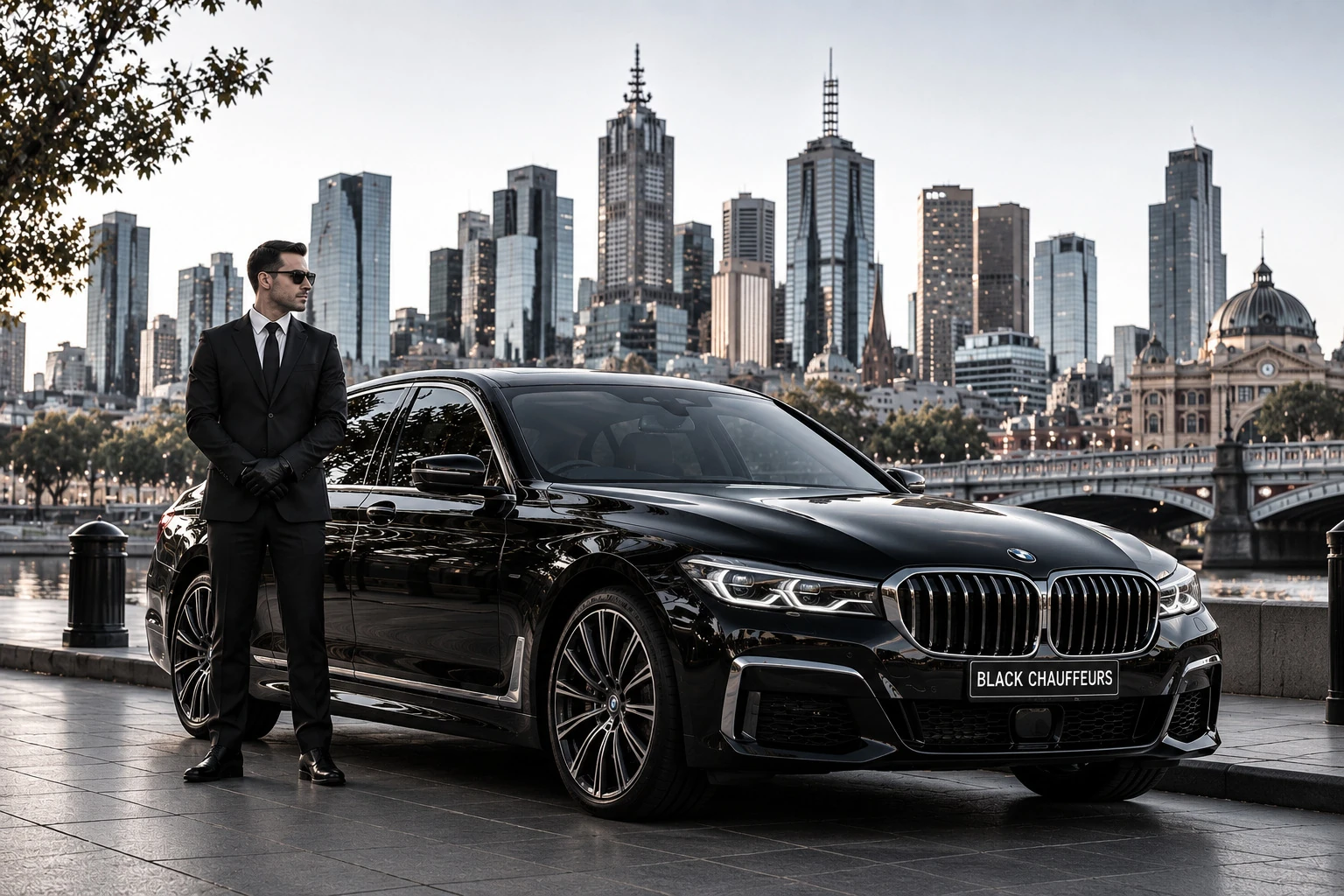 Chauffeur beside a black luxury sedan on the Yarra riverbank