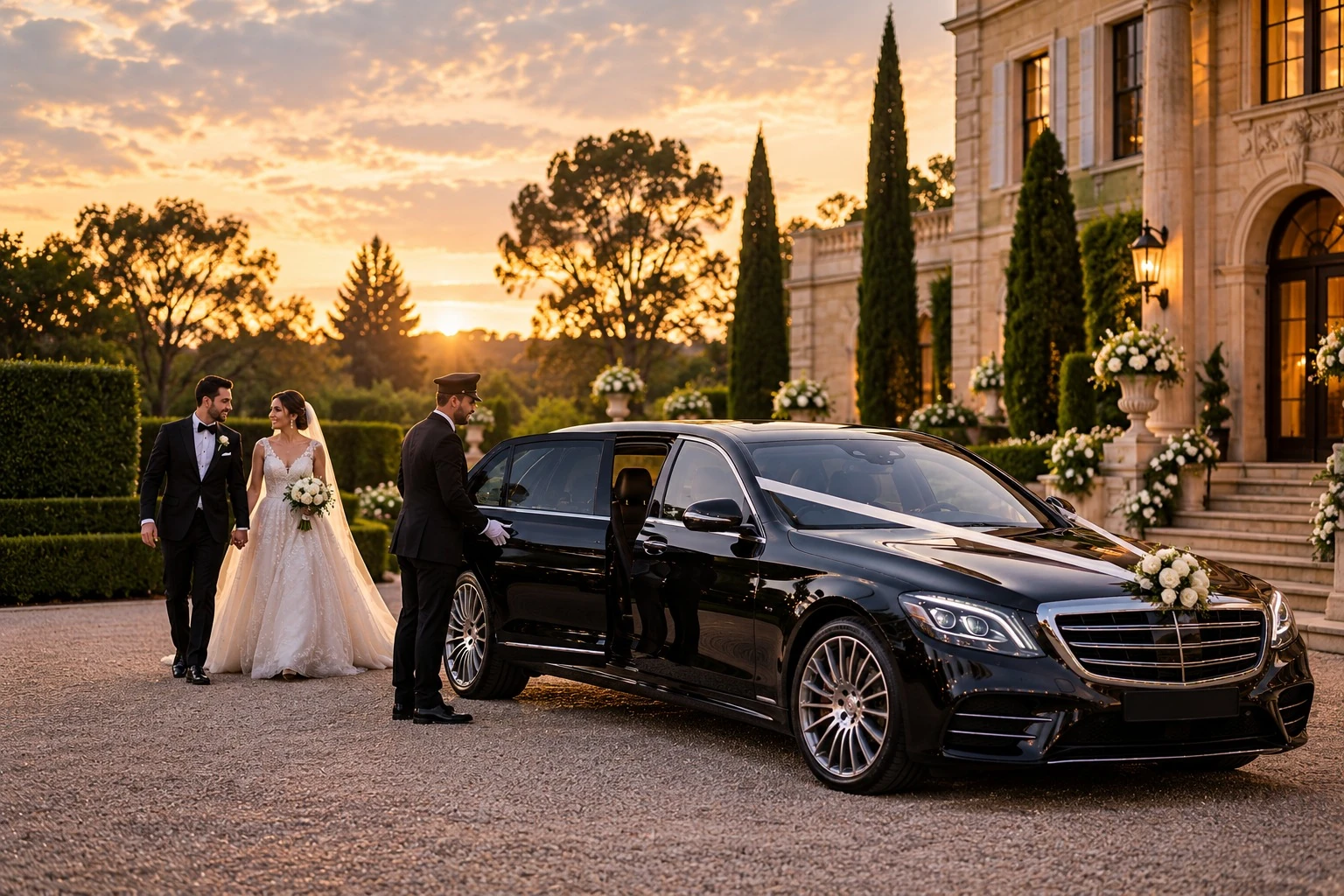 Chauffeur holding the door of a black Mercedes with wedding ribbons for a bride and groom at a manor at sunset